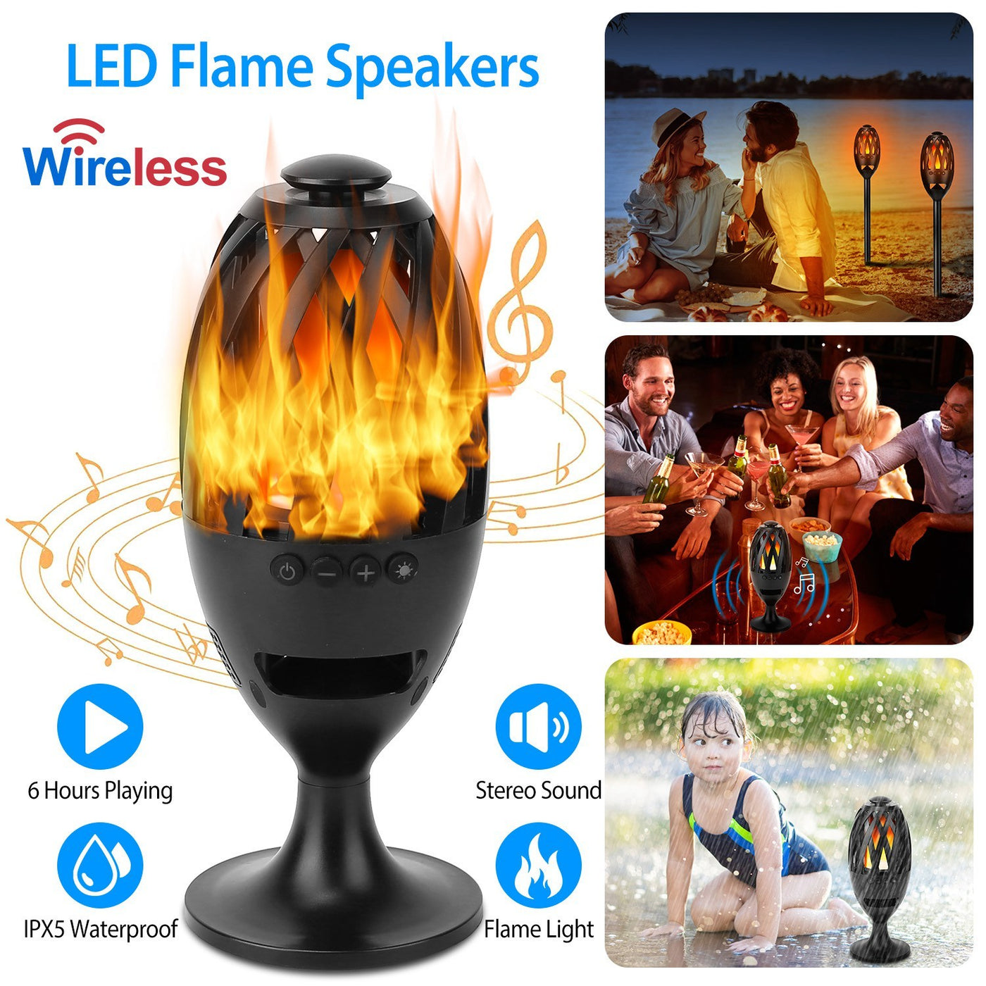 1Pc LED Flame Speakers Torch Wireless Stereo Bass Speaker